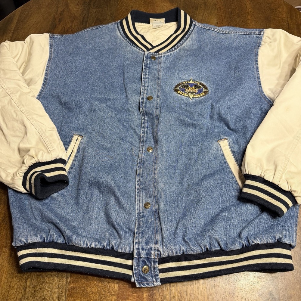 Vintage 1998 Disney Bomber Jacket Denim Mickey Animal Kingdom Embroidered XL